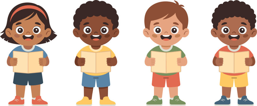 Cute Multicultural Children Choir Vector Character Set with Diverse Little Kids Holding Books and Singing for School Education and Music Class Designs
