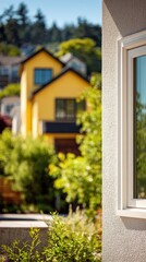 Fototapeta premium A view of a modern house window with a yellow house in the background. Ideal for real estate and home improvement projects.