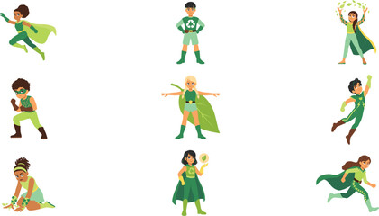 Fototapeta premium Eco Friendly Kids Superhero Character Set with Green Costumes and Recycling Symbols for Environmental Awareness and Educational Graphic Designs
