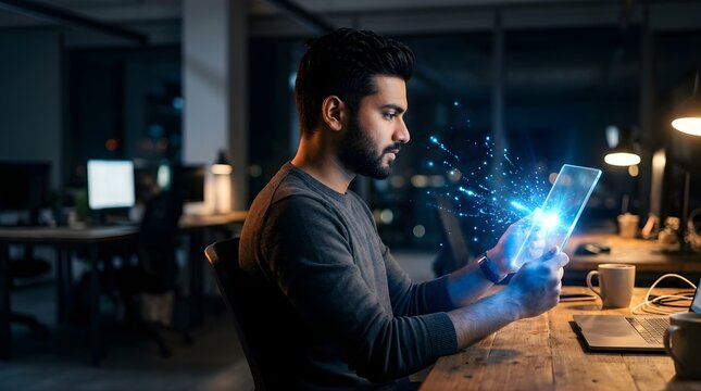 Young man using a futuristic transparent digital tablet in a dark office