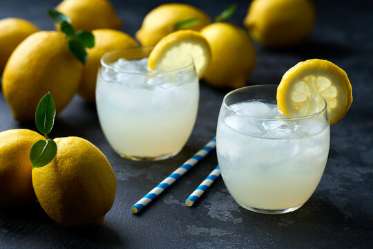 lemonade water with lemon slices , healthy and detox water drink with ice in summer on the dark kitchen table.