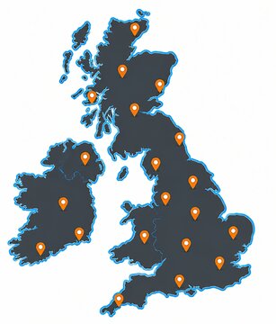 Map of United Kingdom and Ireland with location pin markers