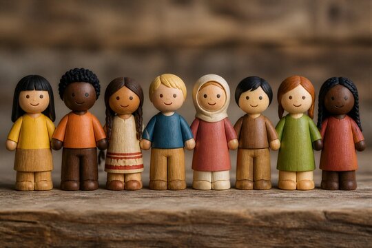 Wooden dolls arranged standing on rustic wooden surface