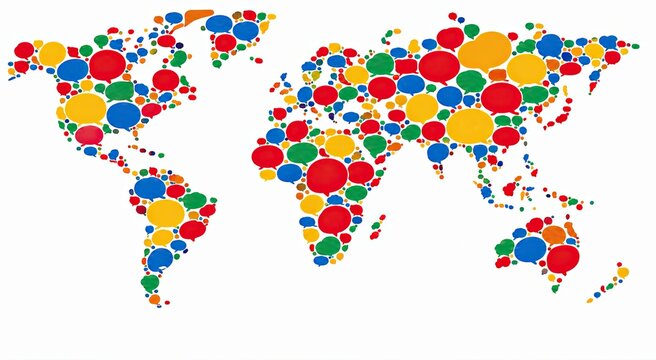 Colorful world map made of many small circles on white background