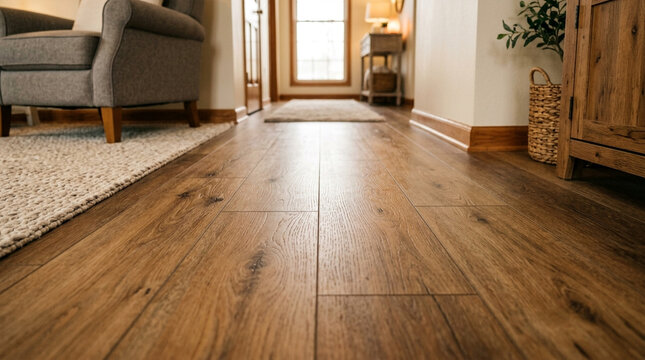 Polished hardwood flooring in a cozy living room.