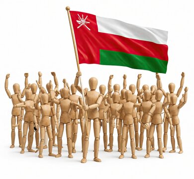 Group of wooden mannequins holding the national flag of Oman