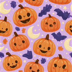Naklejka premium Cute kawaii nighttime pumpkin patch pattern with smiling jack o lanterns, purple bats, crescent moons, and autumn leaves