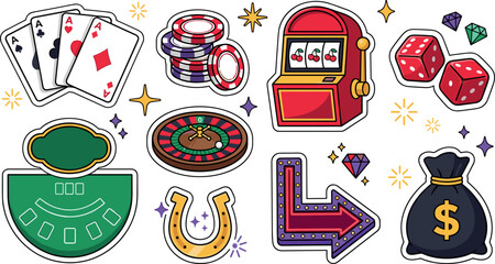 Fototapeta premium Casino Gambling and Las Vegas Night Cartoon Sticker Vector Set with Slot Machine, Playing Cards, Roulette Wheel, Poker Chips, and Money Bag Icons