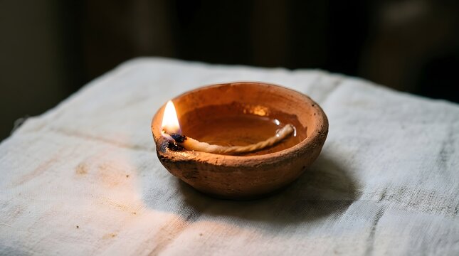 A single rustic clay diya lamp with a burning flame on a white cloth
