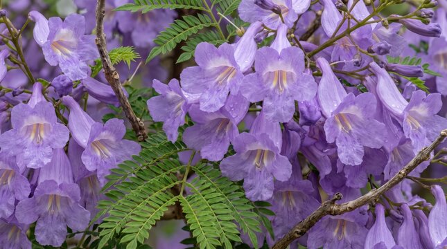 Close-up view of vibrant purple jacaranda mimosifolia flowers blooming in clusters, featuring delicate trumpet-shaped petals, yellow centers, and feathery green pinnate leaves on thin brown