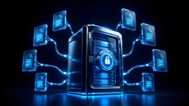 Secure server vault with glowing digital padlock connected to multiple document files representing encrypted data protection and secure cloud storage