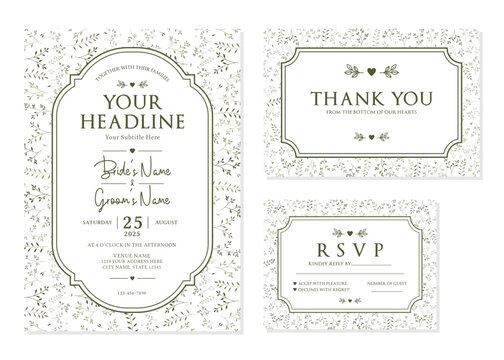 Delicate Greenery Botanical Wedding Invitation Suite Vector Template
