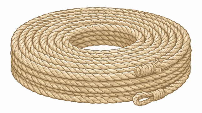 Sisal rope vector. Coiled natural fiber rope with twisted texture, rustic craft concept, flat style isolated on white background.