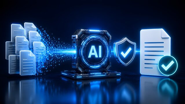 Automated artificial intelligence document processing concept with digital file extraction and verified security shield compliance