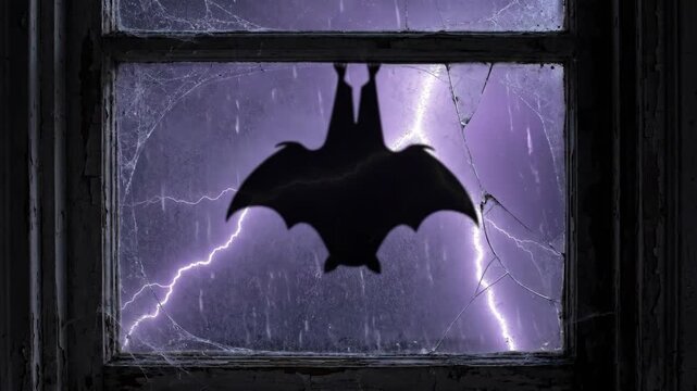 Cinematic 4K Slow Motion of a Silhouette Bat Hanging on a Broken Cobwebbed Window with Purple Lightning and Rain at Night