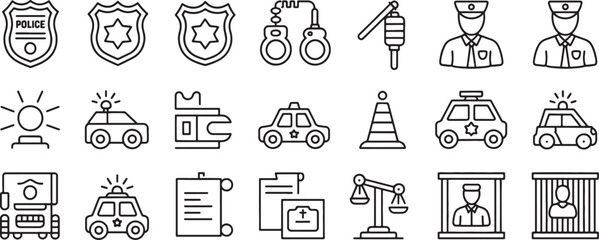 Police Icon Set, Featuring Badges, Handcuffs, Patrol Car, and Legal Symbols Featuring Badge, Justice, Symbol with Law © md