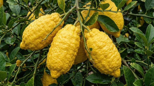 Cluster of bright yellow, bumpy citron fruits hanging from a leafy green citrus tree branch, showing textured rinds and thorns in a natural orchard setting