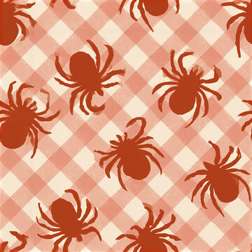 Cute spider seamless pattern filled with simple burnt orange shapes on soft checkered background, creating warm cozy feel