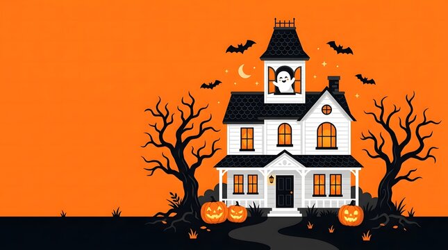 A charming spooky haunted house illustration evokes the spirit of halloween night with bats and pumpkins