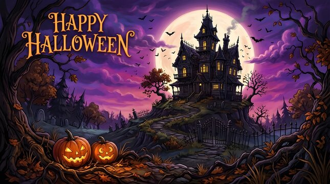 A spooky and enchanting halloween scene featuring a haunted castle under a full moon's glow