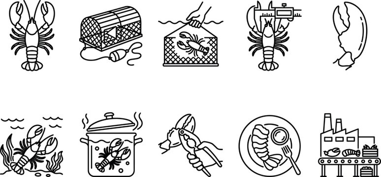 Commercial lobster fishing and seafood industry line icon set featuring trap catching cooking preparation dining and processing factory graphics for website layout