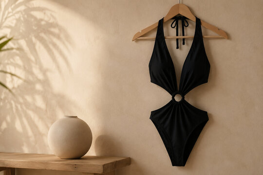 Black cutout monokini on wooden hanger with ceramic sphere, minimalist swimwear fashion concept