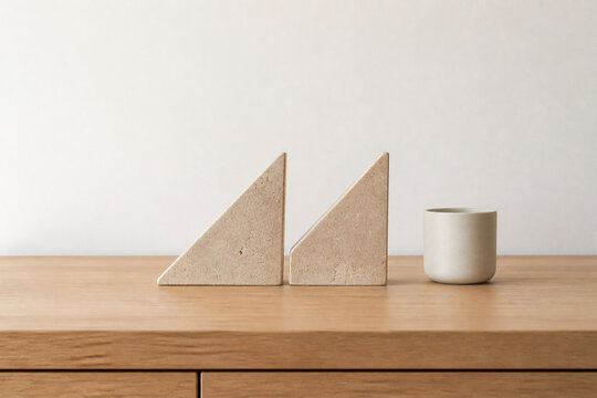 Two identical triangular bookends in row on oak desk with ceramic cup, minimalist desk organization concept