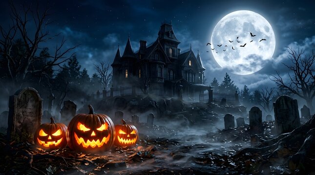 A spooky halloween night scene featuring a haunted castle glowing pumpkins and a full moon with silhouetted bats