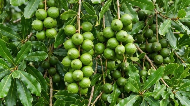 Clusters of green macadamia nuts hanging from tree branches with serrated leaves, raw organic nuts growing on a macadamia integrifolia tree in a natural orchard setting