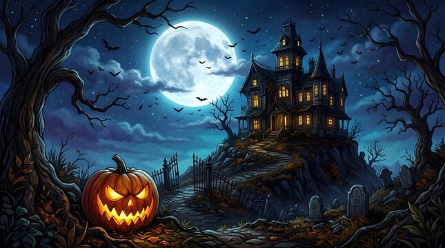 A spooky atmospheric halloween night scene featuring a haunted castle glowing pumpkin and a full moon