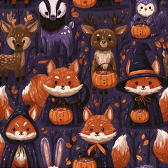 Naklejka premium Cute Halloween forest animals pattern with foxes, deer, badger, owl, and autumn leaves in dark purple background