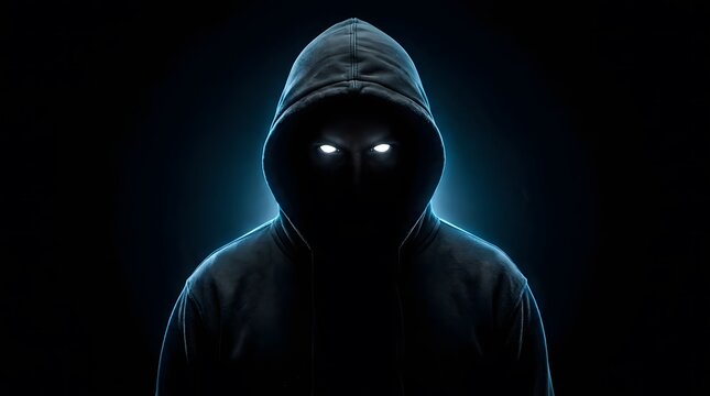 A haunting portrait of a mysterious figure shrouded in darkness with glowing eyes that pierce the night