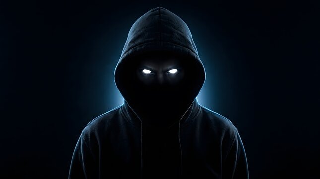 A chilling depiction of a hooded figure with glowing eyes evokes a sense of mystery and dread