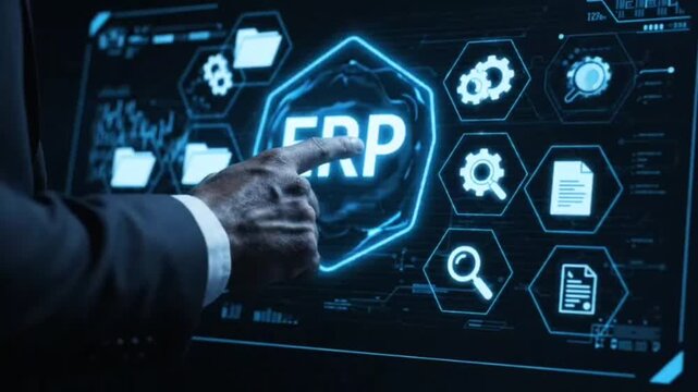 Business professional interacting with digital erp interface showing data management and system integration symbols on modern holographic touchscreen wall display.