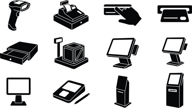 Point of sale and checkout equipment icon set featuring cash register barcode scanner payment terminal kiosk and card reader