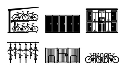 Bicycle Parking Racks, Secure Storage Units, Bike Racks, Urban Transport Solutions, Vector Icons © Anjali
