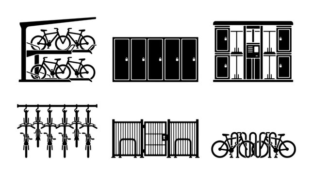 Bicycle Parking Racks, Secure Storage Units, Bike Racks, Urban Transport Solutions, Vector Icons