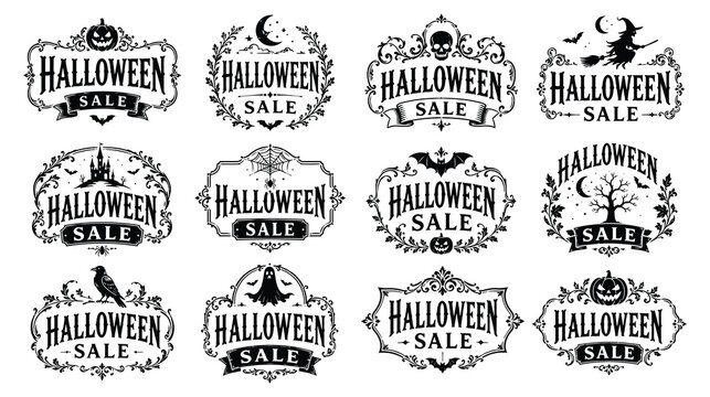 Halloween sale badges featuring spooky pumpkins ghosts bats and gothic vintage borders.