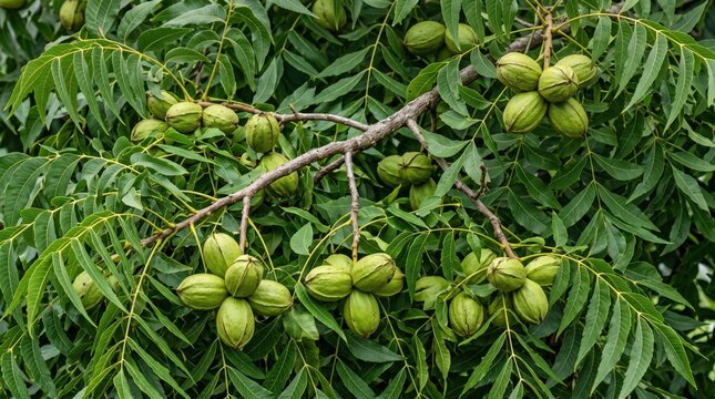Clusters of green, unripe pecan nuts hanging from a branch of a pecan tree, surrounded by lush, pinnate green leaves in a natural orchard setting during the summer growing season