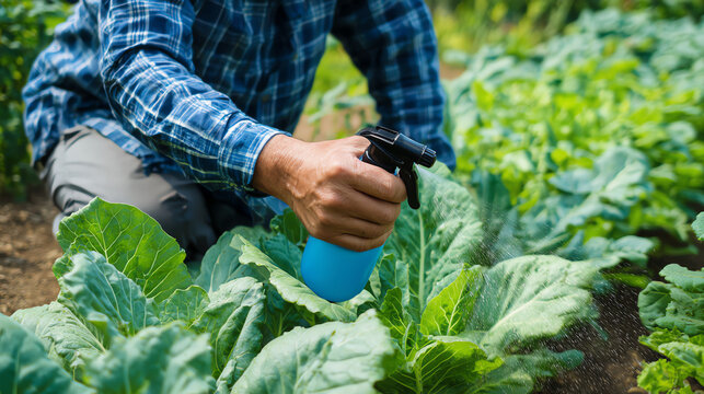 A gardener sprays water on fresh green vegetables in a vibrant garden, showcasing care and cultivation for healthy growth.