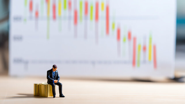A miniature figure of a businessman contemplating financial trends against a blurred stock market chart background.