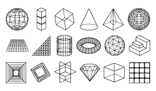 Abstract wireframe geometry shapes brutalist graphic design vector elements