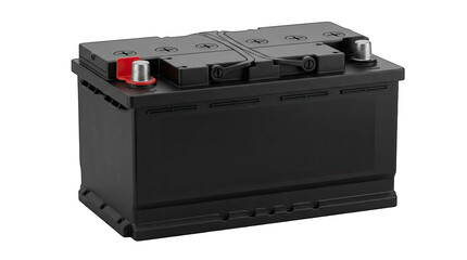 Black car battery with silver terminals for automotive power supply and vehicle engine starting. © MD