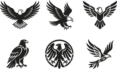 Fototapeta premium Black eagle illustrations collection featuring diverse wing positions, geometric styles, standing posture, emblem design, and soaring flight in powerful symbolic vector artwork