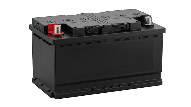 Black car battery with silver terminals for automotive power supply and vehicle engine starting.