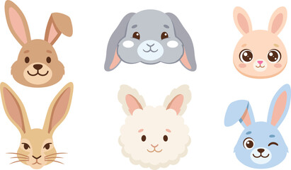 Fototapeta premium Cartoon rabbit and sheep faces illustration featuring diverse colors, floppy ears, fluffy wool, and playful expressions in cute stylized artwork