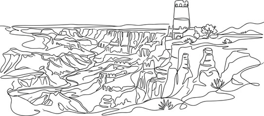 Obraz premium Continuous line art vector illustration of the Grand Canyon landscape with Desert View Watchtower