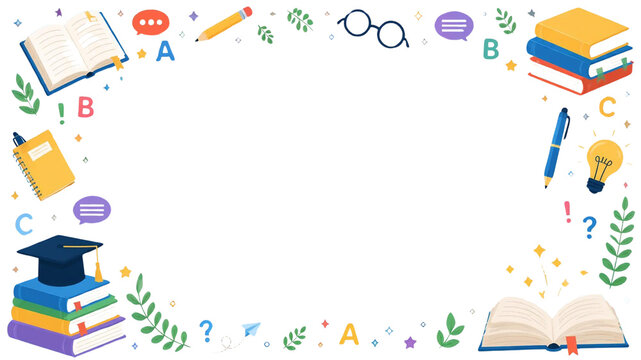 Education Border Frame: A whimsical educational border featuring books, graduation cap, pencils, glasses, and ABCs, perfect for creating learning materials or invitations.