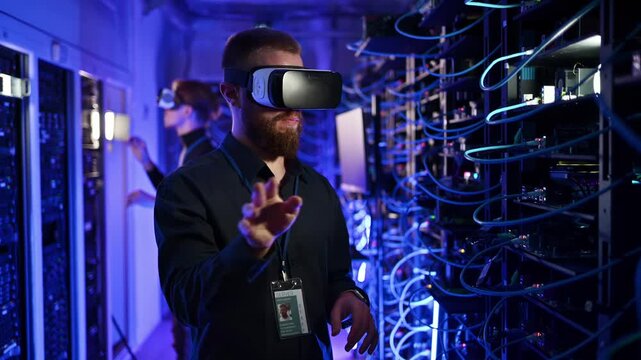 Professional technician with virtual reality headset managing computer server room infrastructure.