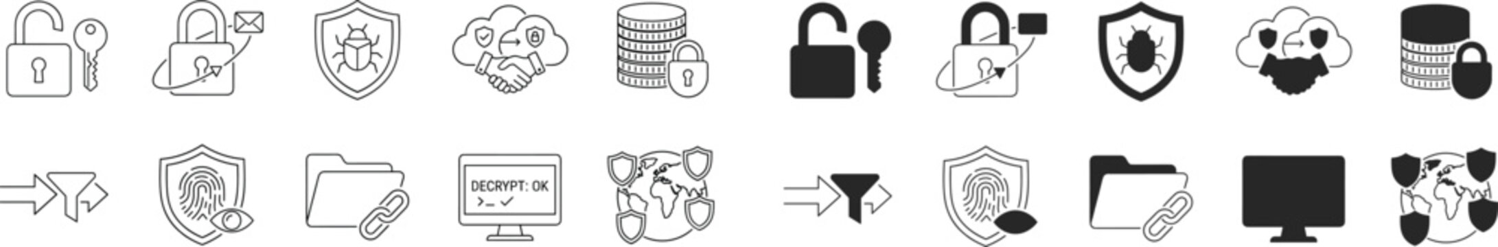 WebCyber security and data protection icons set featuring encryption, secure cloud, and network defense symbols